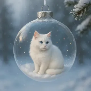 Gros plan détaillé d'une boule de Noël en verre avec un chat blanc duveteux sur la neige