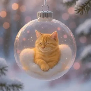 Petit chat orange dormant dans une boule de Noël transparente en verre suspendue