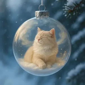 Gros plan d'une décoration de Noël en verre transparent avec un chat roux douillet à l'intérieur