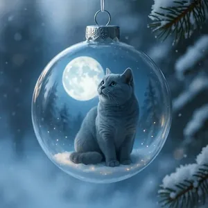 Gros plan d'une boule de Noël en verre avec un chat et un décor de lune à l'intérieur