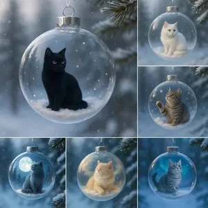 Six boules de Noël en verre cristal avec des figurines de chats réalistes dedans