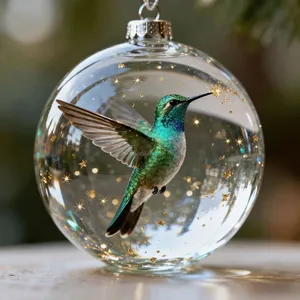 Boule de Noël en cristal faite main avec colibri et paillettes dorées étincelantes