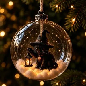 Enchanting transparent Halloween glowing sphere ornament with a black wizard cat inside