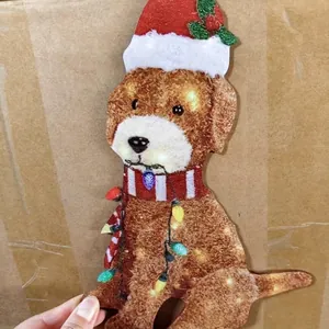 Estaca de jardín de perro de Navidad de acrílico con luces LED cálidas