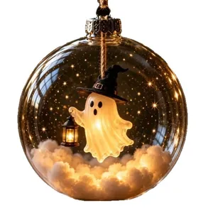 Halloween glowing glass ball with cute ghost ornament and warm led lights