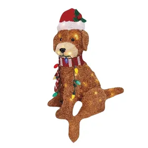 Decoración de jardín perro de Navidad iluminado con luces LED y gorro de Papá Noel