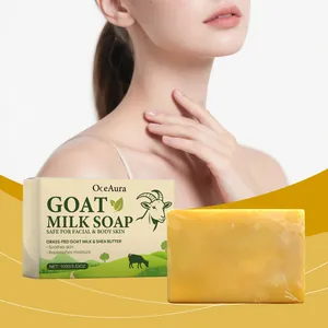 Detail of OceAura goat milk soap packaging and bar for gentle skin moisturizing