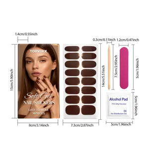 Detailed view of coffee brown soft gel nail sticker set with tool dimensions included.