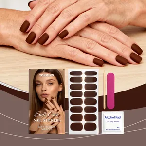Full set of coffee brown soft gel nail stickers including 16 pieces, file, and prep pad.