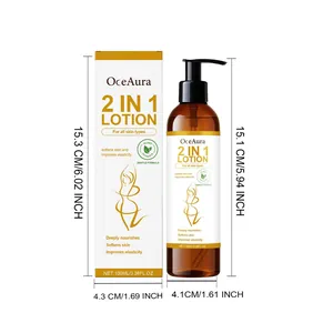 Dimensional detail showing exact size of OceAura 2-in-1 lotion bottle and packaging box