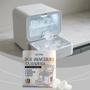 Gros plan des pastilles de détartrage Jue Fish pour machines à glaçons avec emballage