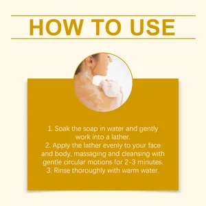 Instructional guide for moisturizing soap showing how to lather and rinse for soft skin