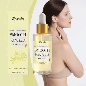 Vista detallada del aceite corporal de vainilla concentrado Roxelis hidratante suave