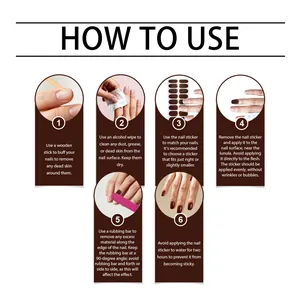 Detailed 6-step instruction guide for coffee brown soft gel nail sticker application