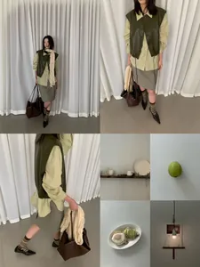Gilet retrò in ecopelle verde oliva con sciarpa in collage di stile di vita chic