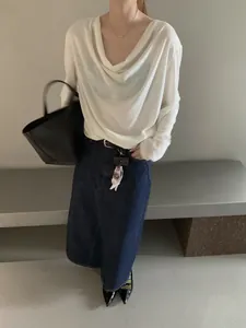 Haut à Manches Longues à Col Bénitier pour Femmes T-Shirt en Tricot Minimaliste Style Coréen Couleur Unie Casual