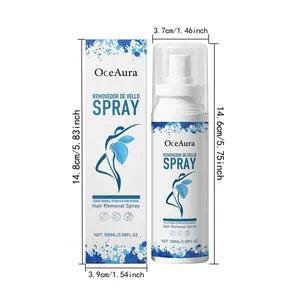 Set de spray depilatorio suave OceAura con dimensiones detalladas de frasco y caja