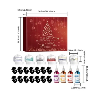Vista detallada del calendario de adviento de belleza EELHOE con dimensiones de productos