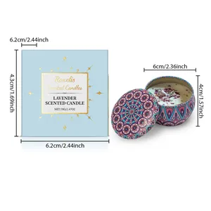 Dimensiones de la caja de velas de lavanda y la lata decorativa con patrón mandala