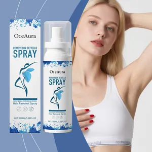 Spray depilatorio OceAura 100ml con modelo femenina mostrando resultados de piel suave