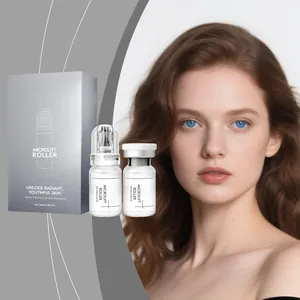 Detail view of Microlift Roller facial serum set with a professional model backdrop.
