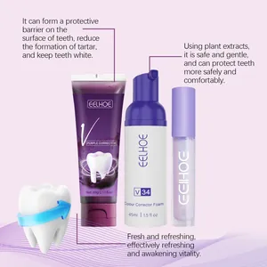 Kit de soins dentaires complet EELHOE avec mousse violette V34 et gel blanchissant.