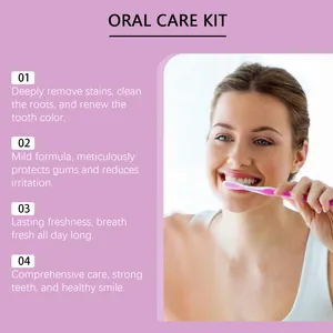Infographie détaillée présentant les avantages du kit de soins buccaux avec un modèle