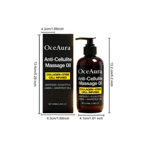 Detalles del aceite de masaje anticelulítico OceAura con botella de 100ml y dimensiones