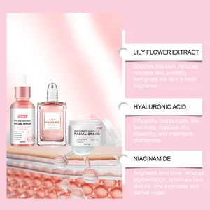 Detalle del set de regalo de cuidado rosa con sérum facial y crema hidratante.