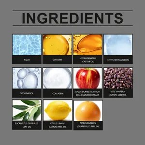Ingredientes naturales del aceite corporal cítrico OCEAURA con colágeno y semilla de uva.