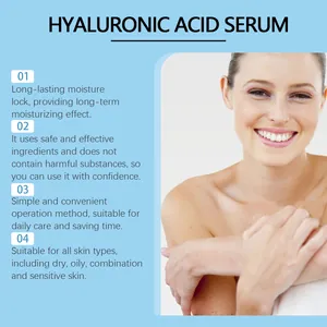 Hyaluronic acid serum benefits infographic showing hydrated skin with numbered skincare tips.