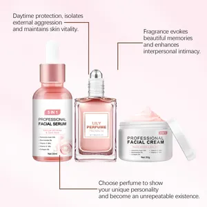 Detalle del set de regalo rosa para el cuidado de la piel con suero y crema.