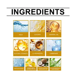 Detailed ingredient list showing lemon oil, coconut oil, and aloe for the body lotion