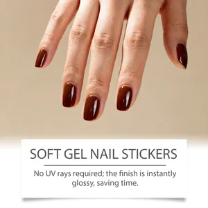 Macro view showing the glossy coffee brown finish of soft gel nail stickers.