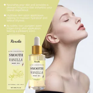 Detalle del aceite corporal Roxelis Smooth Vanilla con descripción de hidratación.