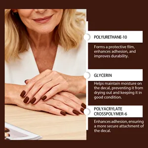 Close-up of brown soft gel nail stickers showing key ingredients and application