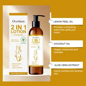 Detailed view of OceAura 2-in-1 lotion with lemon and coconut oil benefits