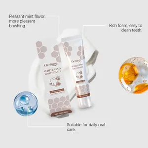 Vue détaillée du dentifrice blanchissant à la menthe Oralhoe avec emballage et détails