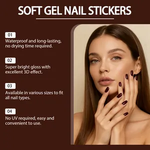 Deep brown soft gel nail stickers with waterproof long-lasting 3D glossy finish, no UV required