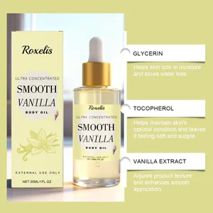 Infografía de ingredientes de aceite corporal de vainilla para hidratación profunda de piel