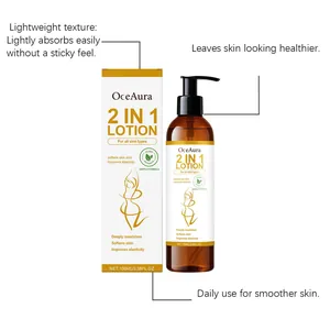 Professional detail view of OceAura 2-in-1 body lotion bottle with premium white packaging