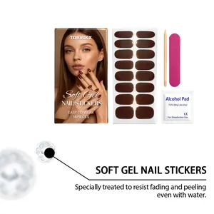 Coffee brown soft gel nail sticker kit with prep tools and durable waterproof stickers.