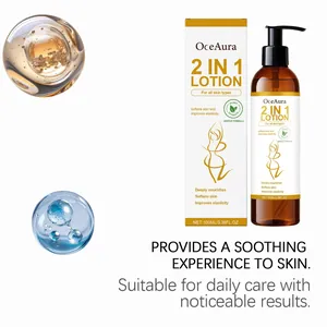 Detailed view of OceAura 2-in-1 body lotion with packaging and nourishing bubbles