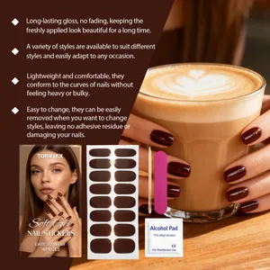 Professional dark brown soft gel nail sticker kit with tools and lifestyle scene