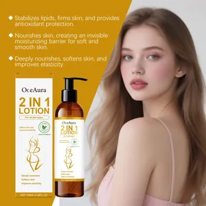 Detailed presentation of OCEAURA 2 in 1 body lotion bottle and packaging with model