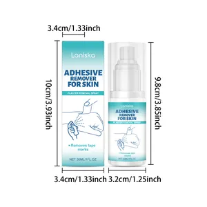 Detailed dimensions of Laniska 30ml adhesive remover spray and packaging box.