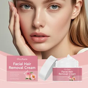Douce crème dépilatoire pour le visage à la pêche OceAura avec pot ouvert et texture