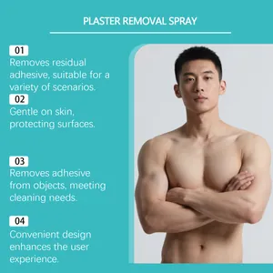Infographic of skin-friendly adhesive remover spray with four key features highlighted