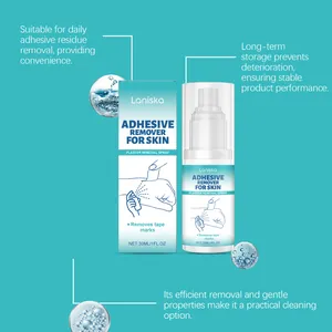 Detailed display of Laniska skin adhesive remover spray featuring gentle formula and packaging