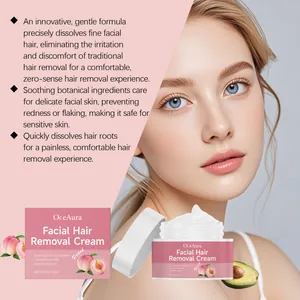 Crème dépilatoire visage douce à la pêche pour peaux sensibles, détails.